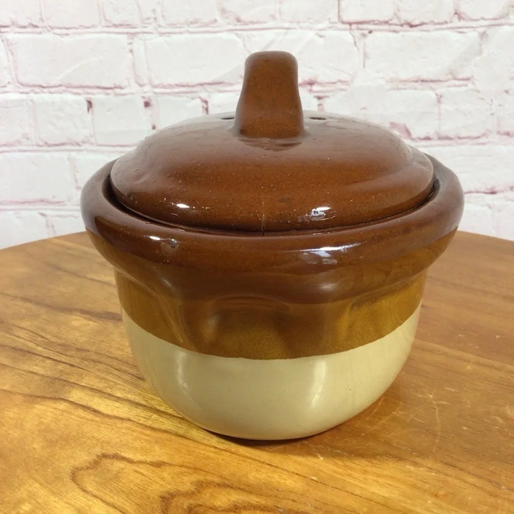 Vintage Two-Tone Brown Ceramic 1 Quart Covered Casserole